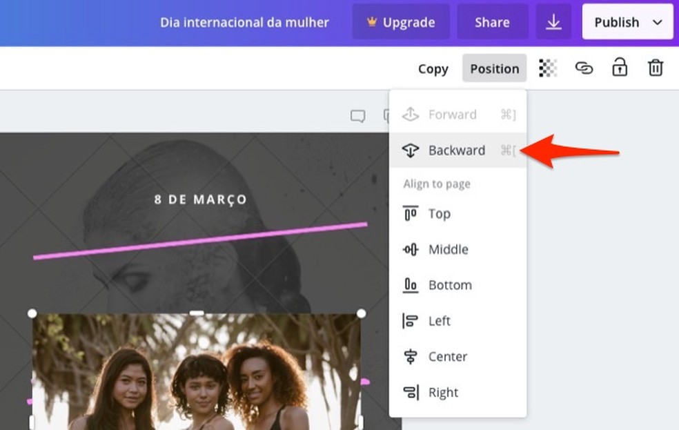 Ação para mover camadas em um modelo de cartaz do serviço online Canva — Foto: Reprodução/Marvin Costa