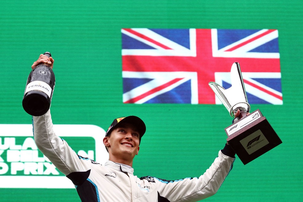 George Russell foi segundo colocado no GP da Bélgica; foi primeiro pódio da Williams desde 2017 e primeiro do britânico na F1 — Foto:  Mark Thompson/Getty Images