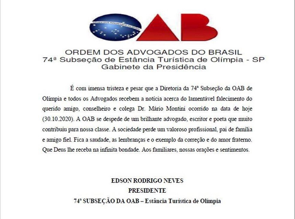 Nota publicada pela Ordem dos Advogados  — Foto: Arquivo Pessoal 