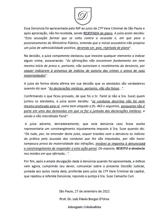 Defesa de Suzy Camacho divulga nota pública (Foto: Divulgação)