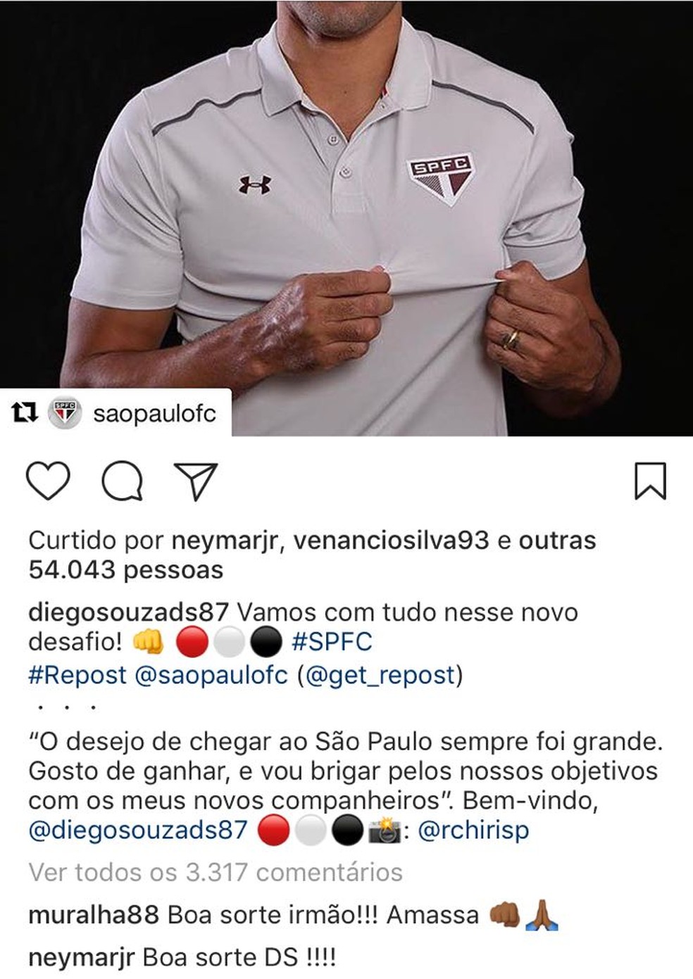 Neymar comenta na foto de Diego Souza: sorte no São Paulo (Foto: Reprodução)