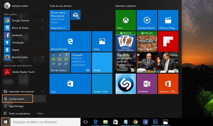 Acesse as configurações no menu iniciar do Windows 10 (Foto: Reprodução/Barbara Mannara)