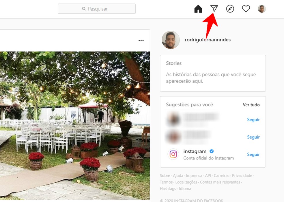 Acessando o Direct na versão Web do Instagram — Foto: Reprodução/Rodrigo Fernandes