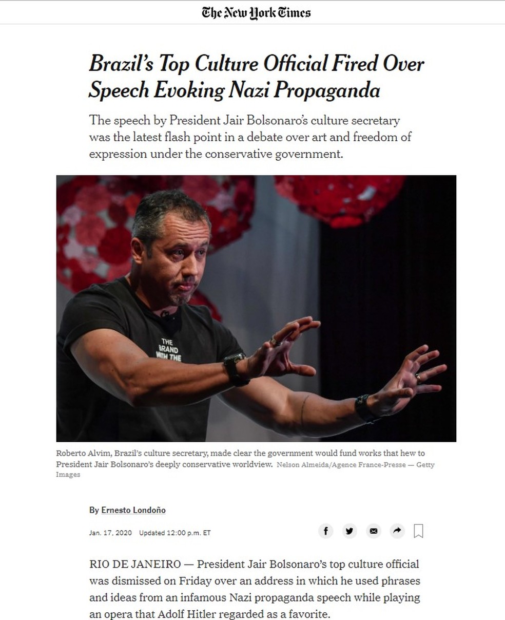 Reprodução da página do "The New York Times" com reportagem sobre Roberto Alvim — Foto: Reprodução