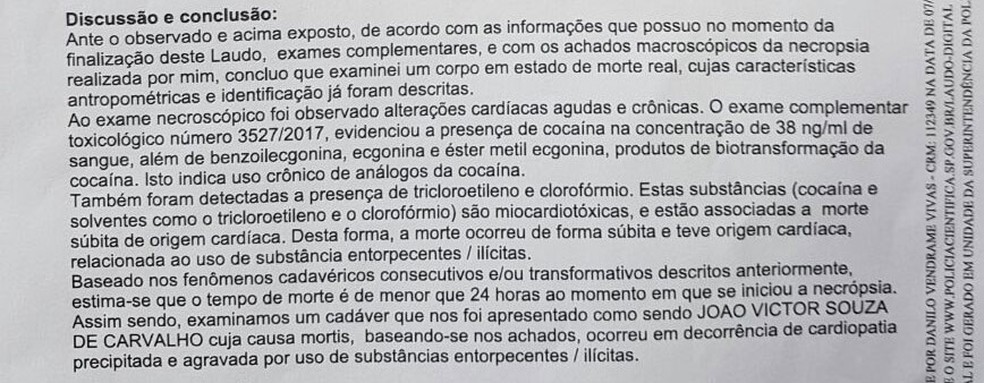 Trecho de laudo necroscópico do Instituto Médico Legal sobre a morte de adolescente no Habib's — Foto: Reprodução