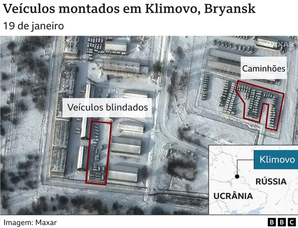 Veículos montados da Rússia em Klimovo, Bryansk — Foto: BBC