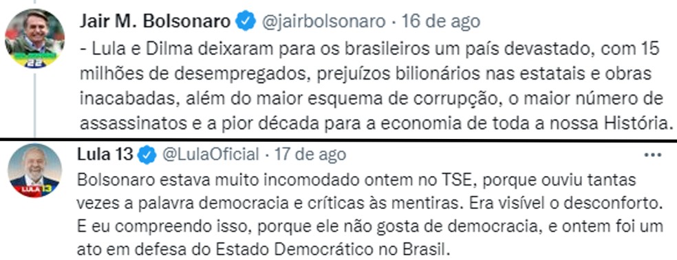 Bolsonaro e Lula no Twitter — Foto: Reprodução