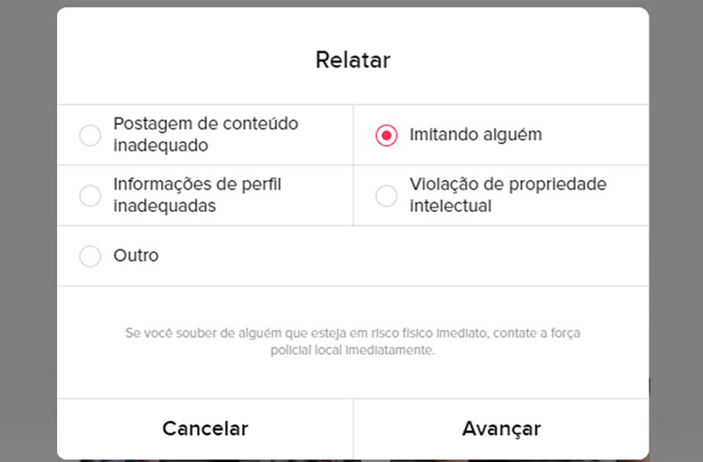 Denúncia de conta falsa no TikTok usa o mesmo canal de outras denúncias.  — Foto: Reprodução