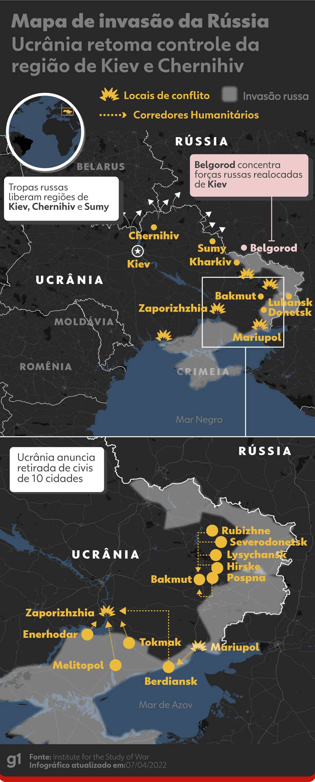 Mapa mostra a situação da guerra da Ucrânia