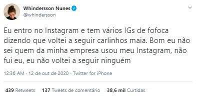 Whindersson Nunes faz post em rede social (Foto: Reprodução/Twitter)