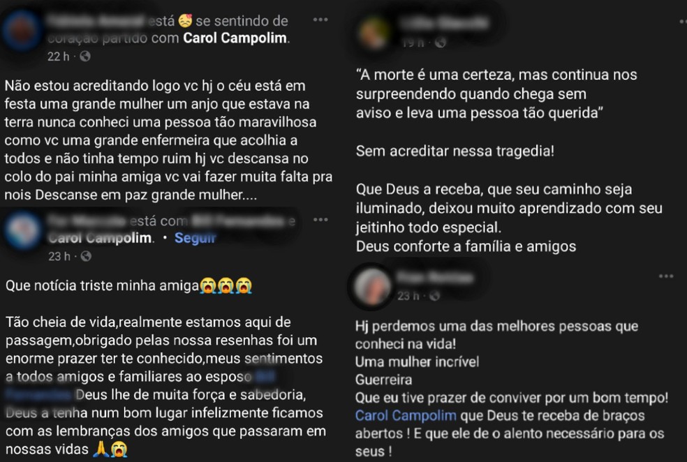 Lamentações feitas em redes sociais por amigos de Carol — Foto: Redes sociais