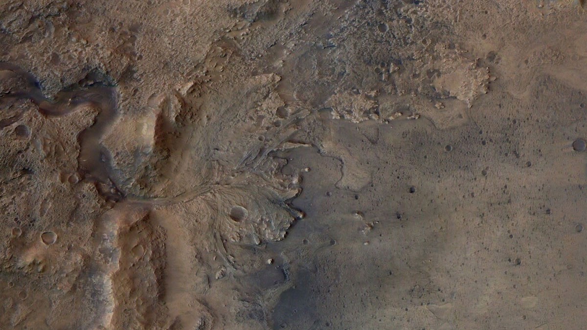 Imagem mostra os restos de um antigo delta na cratera de Jezero, região que abrigou um lago cerca de 3,5 bilhões de anos atrás (Foto: ESA's Mars Express Orbiter)