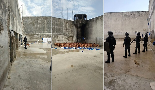  Além das celas sem grades, imagens também mostram uma das guaritas, incendiada no ano passado, ainda sem policiamento para fazer a vigilância dos presos (Foto: G1/RN)