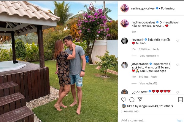 O comentário de Neymar no post da mãe, Nadine Gonlçaves (Foto: Reprodução Instagram)