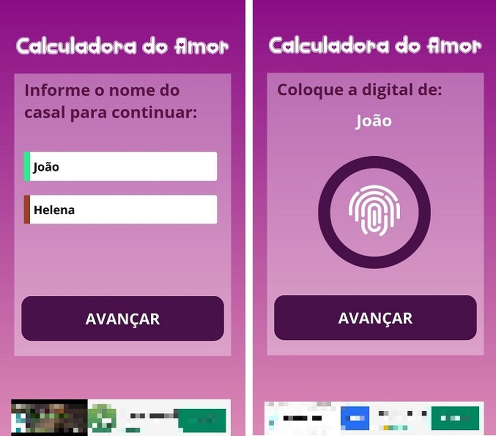 O app Calculadora do amor também faz avaliação da compatibilidade de um casal por meio da "leitura" da digital — Foto: Reprodução/Maria Dias