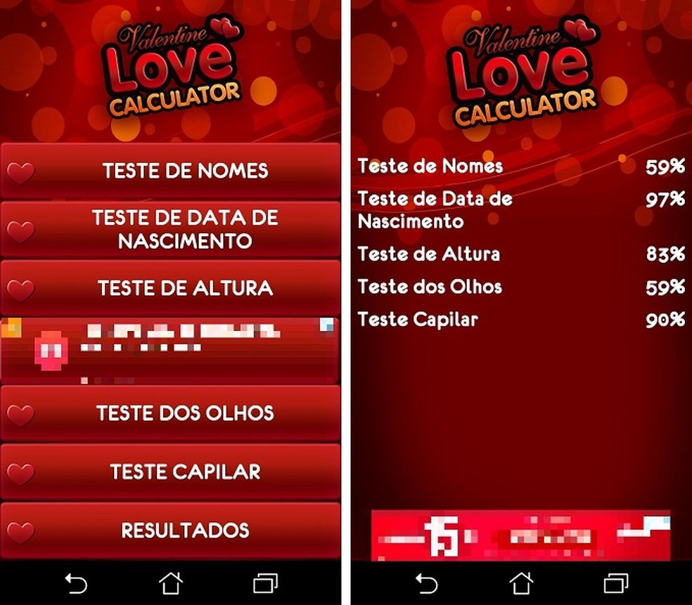 Com mais opções para o usuário, o app Calculadora do Amor Teste analisa compatibilidade de casal por meio de altura e cor dos olhos — Foto: (Reprodução/Maria Dias)