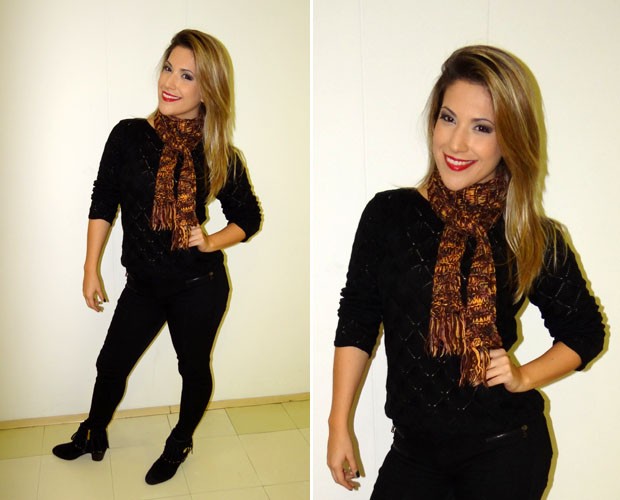 Bruna Rosa apostou em um look preto e deu destaque para o cachecol (Foto: Domingão do Faustão/ TV Globo)