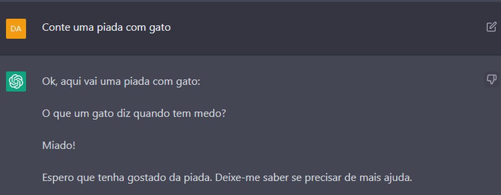 Piada com "gato" feita pelo ChatGPT — Foto: Reprodução