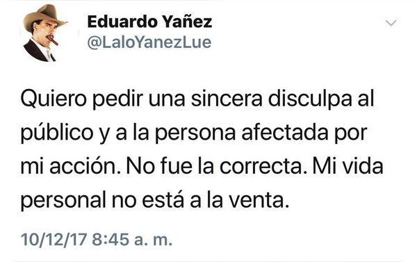 O pedido de desculpas do ator mexicano Eduardo Yáñez (Foto: Twitter)