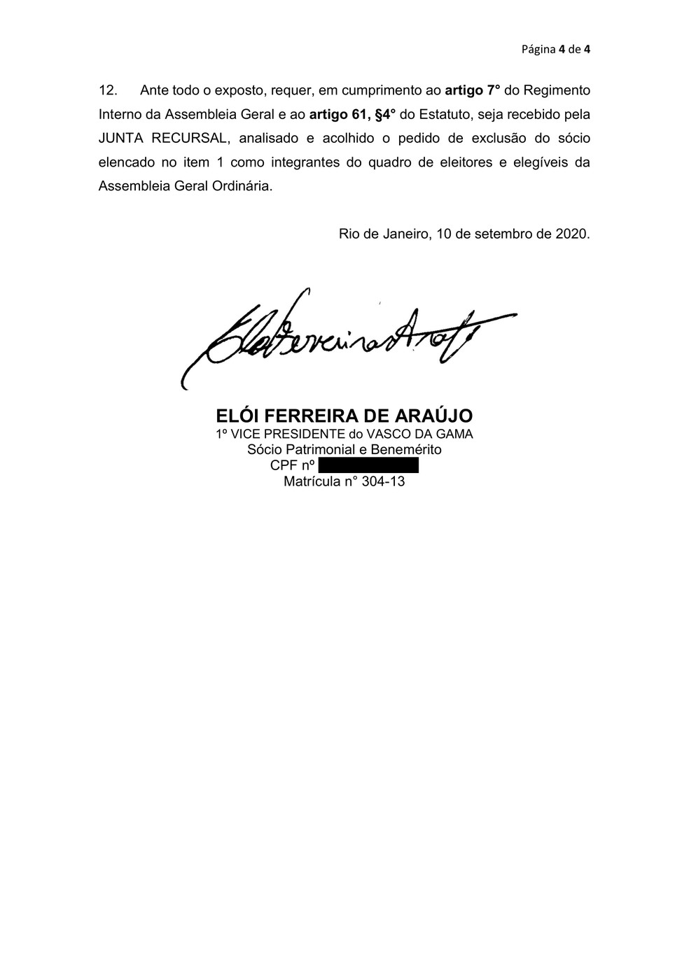 Elói Ferreira de Araújo, primeiro vice-presidente do Vasco, pede a impugnação de Alexandre Campello — Foto: Reprodução