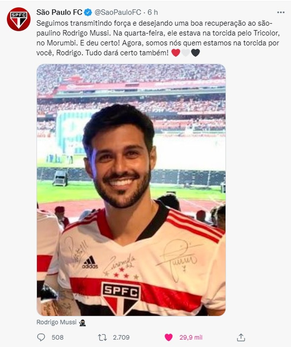 O time do São Paulo postou uma mensagem de apoio ao ex-BBB acidentado na madrugada na quinta-feira (31).  — Foto: Reprodução/Twitter