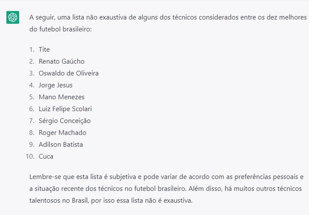 ChatGPT lista (com erros) os dez melhores técnicos do futebol brasileiro — Foto: Reprodução