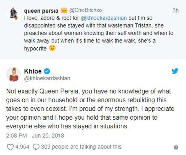 Khloe Kardashian respondendo fã no Twitter (Foto: Reprodução/Twitter)