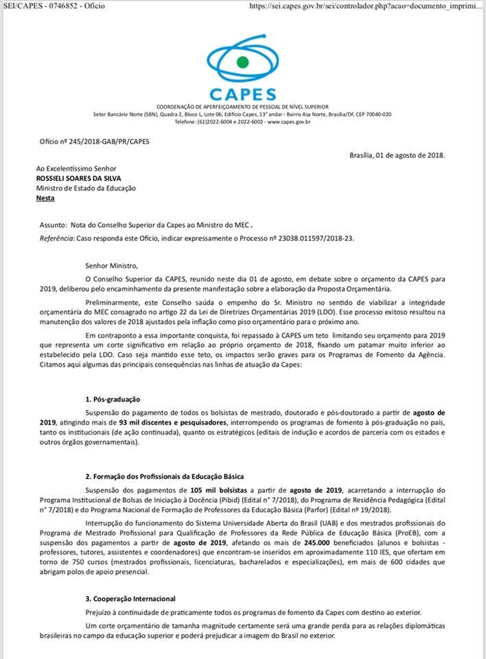 Ofício do Conselho da Capes pede a manutenção da verba prevista atualmente para a coordenação na LDO 2019 (Foto: Reprodução)
