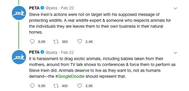 A declaração da organização PETA com críticas às posturas do apresentador de TV Steve Irwing (1962-2006) (Foto: Twitter)