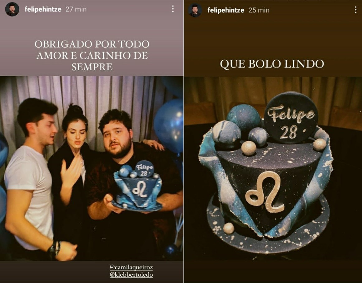 Felipe Hintze recebe Klebber Toledo e Camila Queiroz e mostra bolo personalizado (Foto: Reprodução/Instagram)