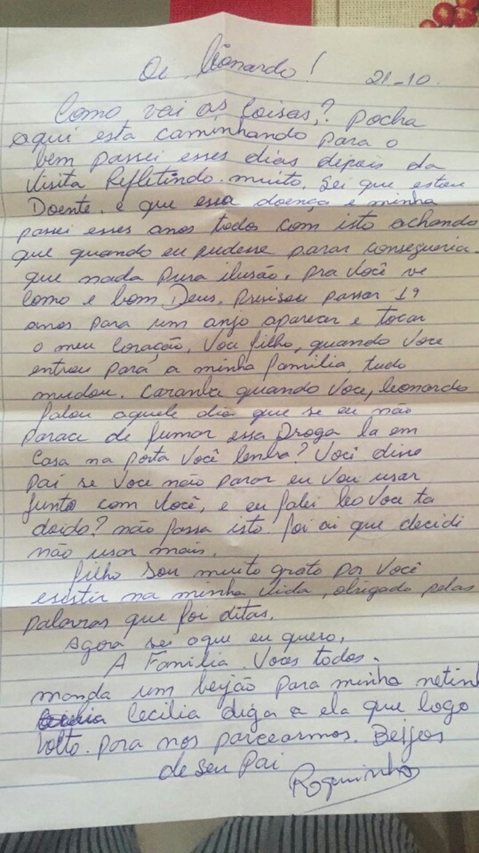 Em carta, o vigilante Orlandino Ferreira Roque cita importância da 'ameaça' do filho para que ele decidisse largar drogas (Foto: Leonardo Pereira da Silva Roque/Arquivo Pessoal)