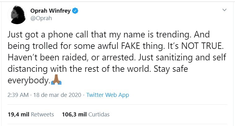 Oprah Winfrey se defende no Twitter (Foto: Reprodução/Twitter)