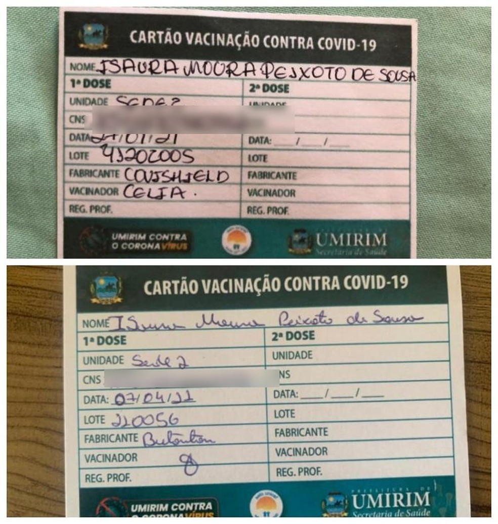 Cartões de vacinação contra Covid-19 com fabricantes diferentes no Ceará. — Foto: Reprodução