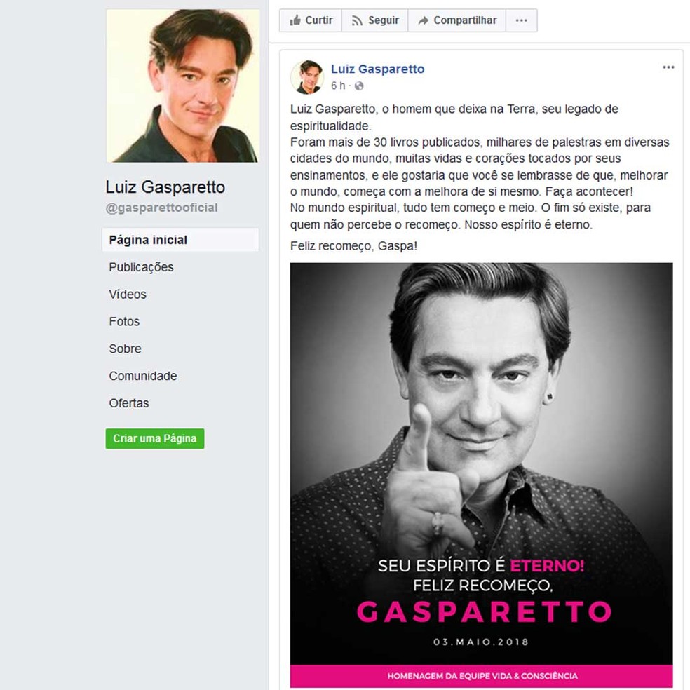 Mensagem no perfil de Luiz Gasparetto no Facebook (Foto: ReproduÃ§Ã£o / Luiz Gasparetto / Facebook)