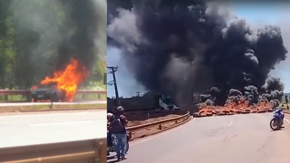 Carro pega fogo ao passar por barricada de pneus em chamas. — Foto: Reprodução