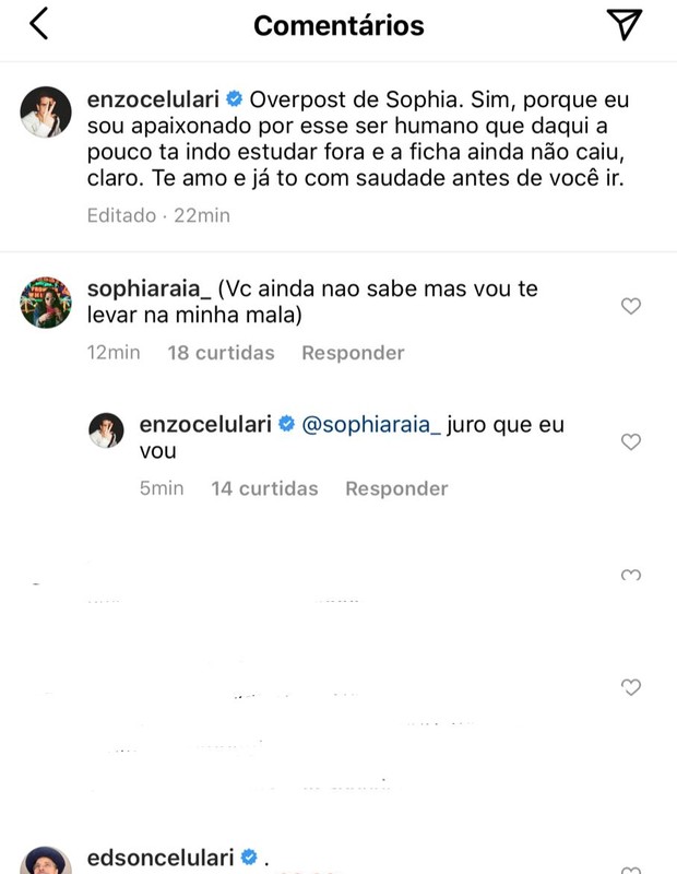 Enzo Celulari se despede de Sophia Raia (Foto: Reprodução/Instagram)