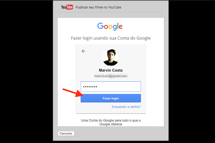 Realizando login em uma conta do YouTube para ativar o compartilhamento do Quicktime no Mac OS (Foto: Reprodução/Marvin Costa)