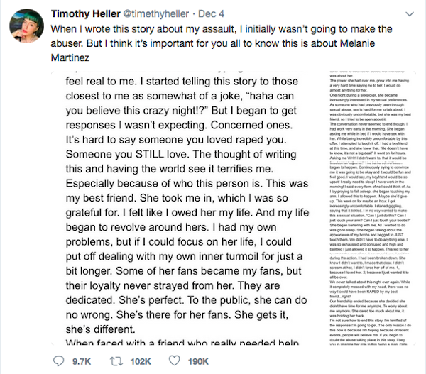 O tuíte no qual Timothy Heller conta a história do estupro que sofreu de sua amiga Melanie Martinez (Foto: Twitter)