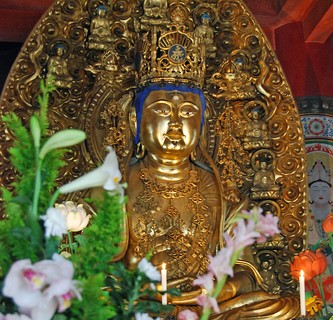Buda vairocana dourado que se encontra no interior do templo vermelho do monte Koya, no Japão