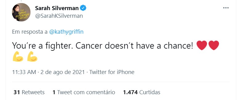 Diversas celebridades demonstraram seu apoio a Kathy Griffin após ela revelar seu diagnóstico de câncer (Foto: Reprodução / Twitter)