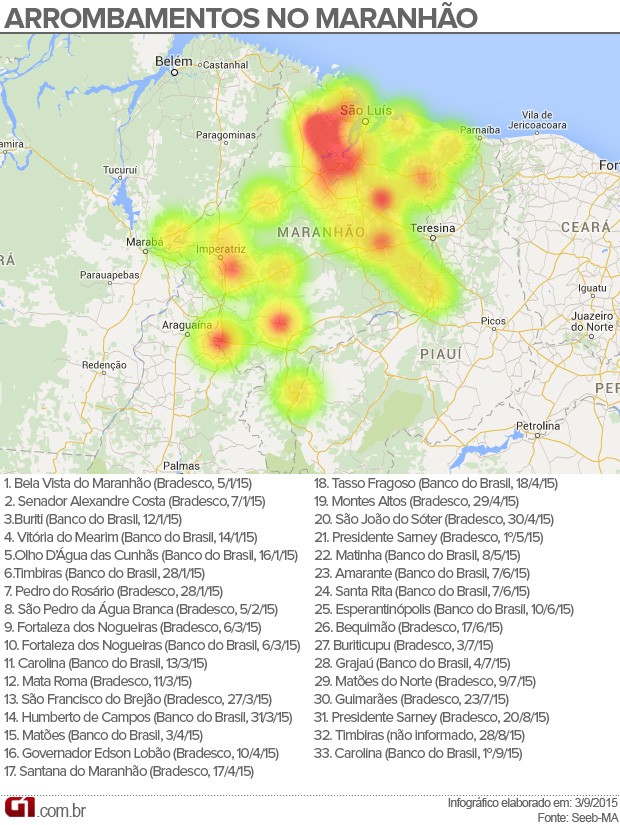 Mapa de arrombamentos a caixas eletrônicos no Maranhão (Foto: Arte: G1)