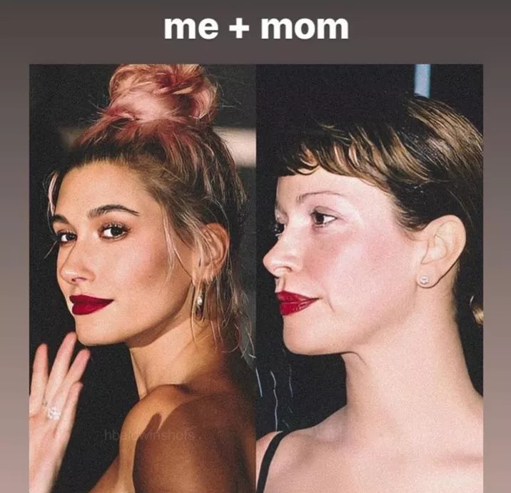 A montagem compartilhada por Hailey Baldwin Bieber mostrando a semelhança entre ela e a mãe, a brasileira Kennya Baldwin (Foto: Instagram)