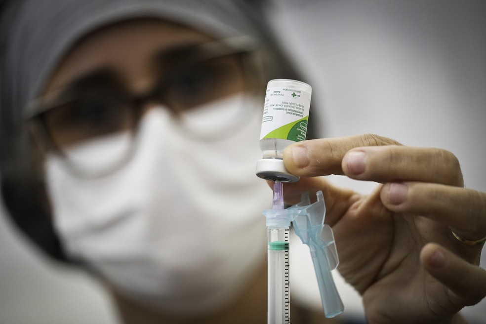 Profissional da saúde prepara vacina contra gripe, no DF — Foto: Breno Esaki/Agência Saúde