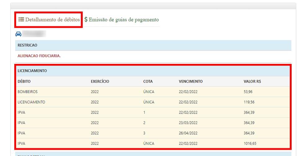 Valores do IPVA 2022 PE exibidos no site do Detran — Foto: Reprodução/Rodrigo Fernandes