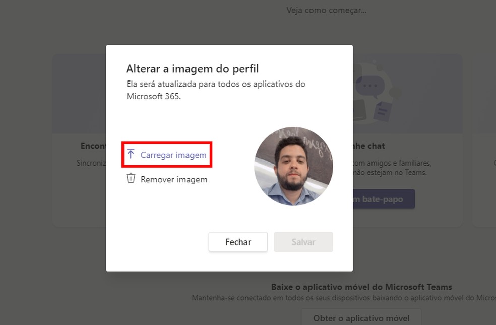 Na opção 'Carregar imagem', na qual usuário pode fazer upload de fotos para usar no perfil do Microsoft Teams — Foto: Reprodução/Rodrigo Fernandes