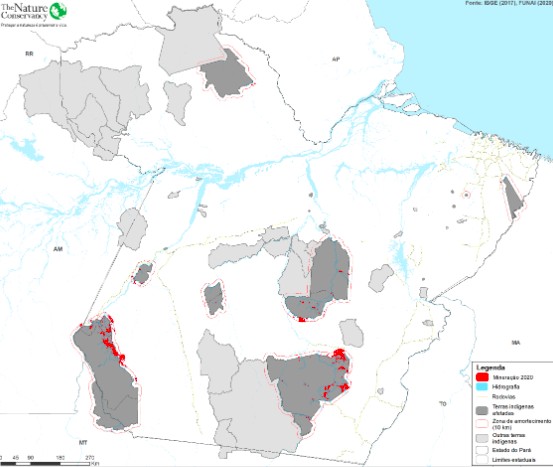 Terras indígenas do estado do Pará afetadas por atividades de mineração em 2020, em seu interior ou numa zona de amortecimento de 10 km (Foto: TNC Brasil)