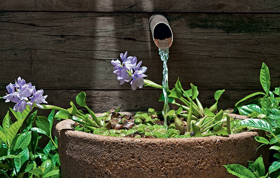 O painel de madeira de demolição com uma fonte dá charme ao jardim. A flor de aguapé deixa o visual mais charmoso (Foto: Célia Weiss e Edu Castello)