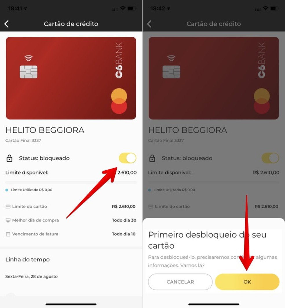 Desbloqueando cartão C6 Bank — Foto: Reprodução/Helito Beggiora