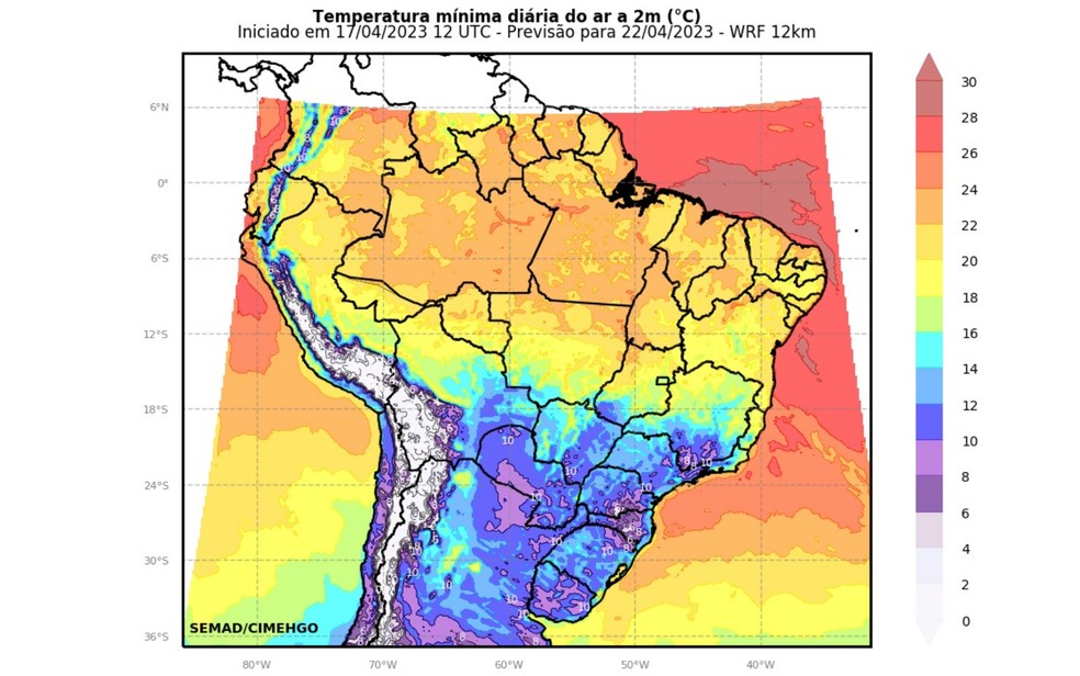 Mapa mostra a previsão para as regiões do país, incluso Goiás  — Foto: Divulgação/Cimehgo