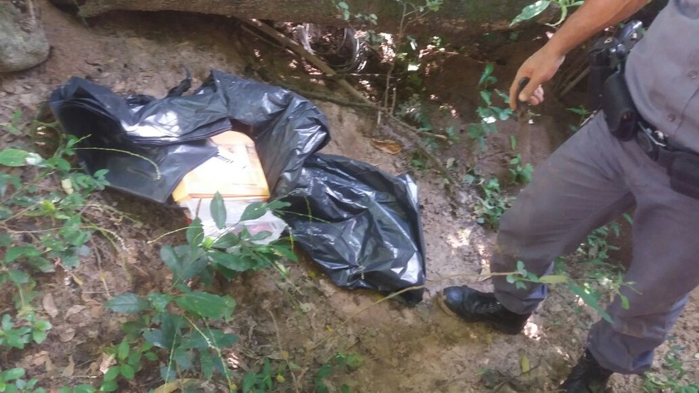 Tabletes de maconha estavam enterrados em Álvares Machado (Foto: Cedida/Polícia Militar)